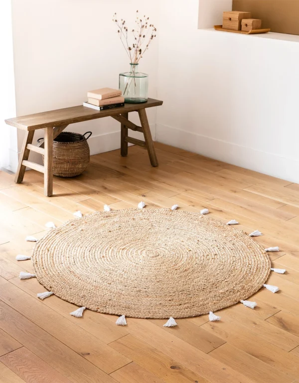 Blancheporte Tapis Rond En Jute Avec Pompons De Couleur qualité supérieure 1