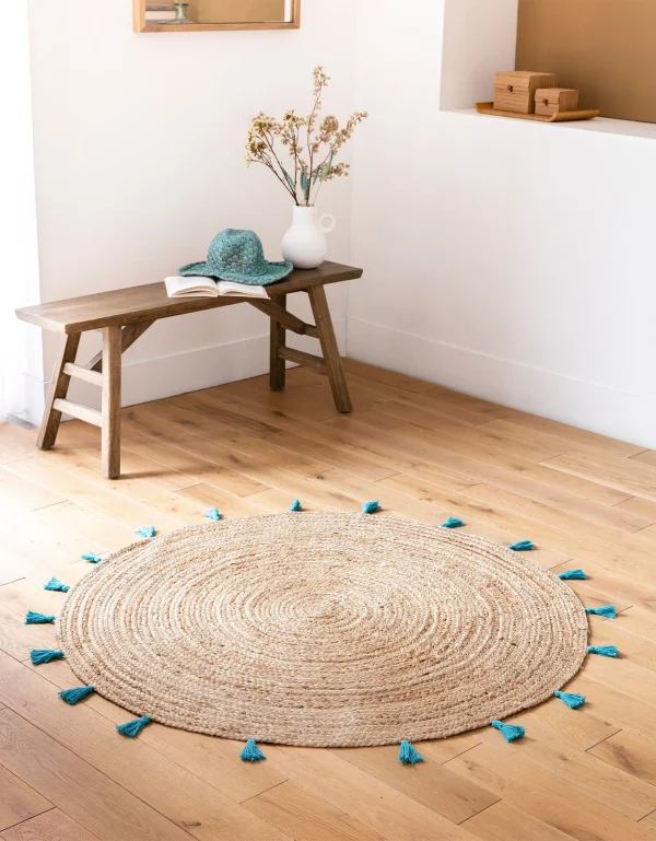 Blancheporte Tapis Rond En Jute Avec Pompons De Couleur Retour Gratuit 1