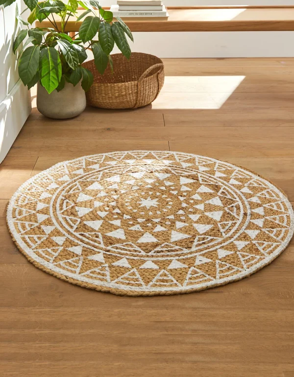 magasin en ligne france Blancheporte Tapis Rond En Jute Imprimé Blanc 1